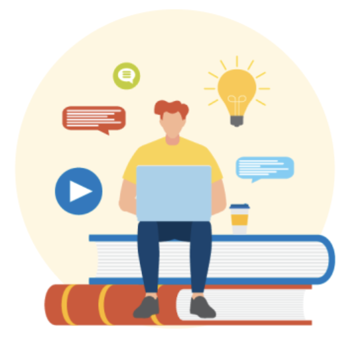 Person sitting on stacked books with a laptop, surrounded by speech bubbles, a lightbulb, a play button icon, and a coffee cup, suggesting studying or online learning.